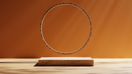 3d rendering wooden pedestal or podium mockup with sunlight rays backdrop, empty platform for product showcase and presentation, blank stage display.
