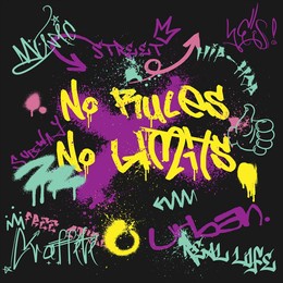 urban typography street art graffiti no rules - no limits slogan print with spray splash effect for graphic tee t shirt or sweatshirt - vector