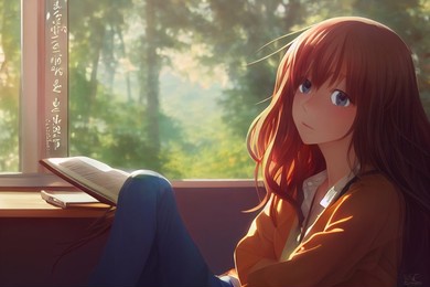 beautiful anime girl next to a window that leads to forest outside the study room