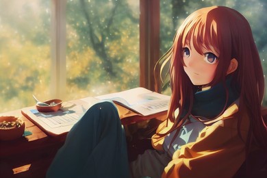 beautiful anime girl next to a window that leads to forest outside the study room
