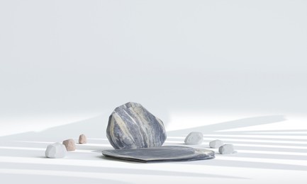 rock podium for product presentation. natural beauty pedestal, relaxation and health, 3d illustration	