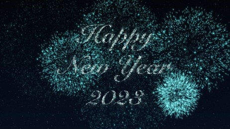 happy new year 2023 with colorful fireworks. greetings card abstract blinking sparkle glitter particle stars 