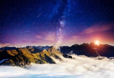 sassolungo (langkofel) and sella group under starry light. natural park dolomites, valley gardena, south tyrol. location ortisei, s. cristina and selva, italy, europe. astrophotography. beauty world.
