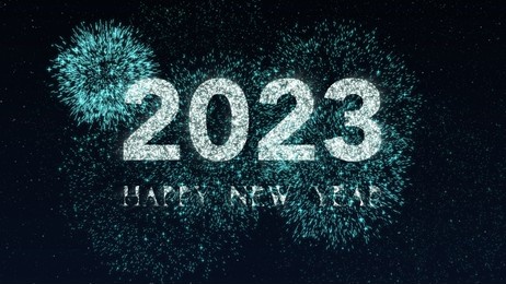 happy new year 2023 with colorful fireworks. greetings card abstract blinking sparkle glitter particle stars 