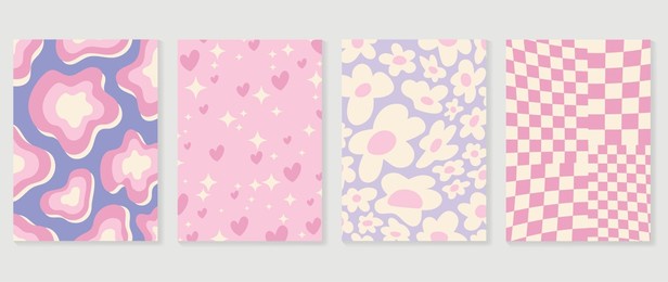 collection of y2k style background vector. set of lovely vibes wallpaper, pastel color, heart, psychedelic, flowers, grid. trendy girly 90s, 2000s poster for banner, prints, decorative, cover.