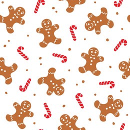 seamless pattern with gingerbread man and candy canes on white background. christmas and winter holiday theme. vector illustration in flat style.