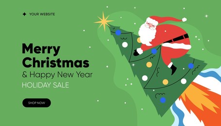 merry christmas sale web banner. santa claus flying on a christmas-tree rocket. greeting card, landing page, banner, poster. vector illustration