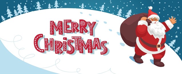 santa claus with a big bag of gifts is walking in a snowy forest, merry christmas beautiful text. vector cartoon illustration, holiday card.