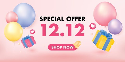 12.12 sale banner template design with balloon for web or social media. 3d render.