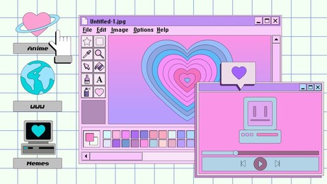 retro user interface with graphic editor window box and icons. y2k style collage in pastel pink, blue and violet colors.
