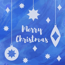 merry christmas label with lettering and blue stars and christmas toys.