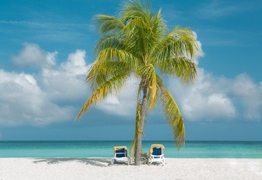  gorgeous, amazing view of soft white sand beach and two beads covered with towels under charming fluffy palm tree against crystal clear tranquil ocean and blue sky with white clouds