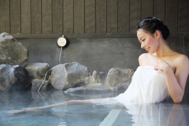 japanese woman in hot spring.