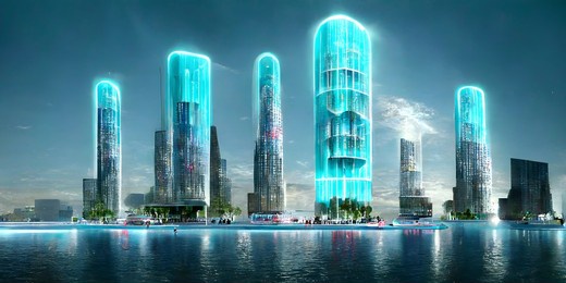 3d render of abstract art with surreal futuristic urban city with high told skyscrapers buildings with neon glowing elements and green trees around with blue sky on the back