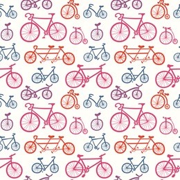 abstract seamless pattern with hand drawn bicycles. multicolored bikes ornament