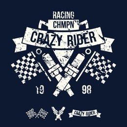 emblem of the racing car in retro style. graphic design for t-shirt. white print on dark background