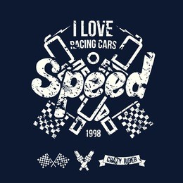 emblem of the racing car in retro style. graphic design for t-shirt. white print on dark background