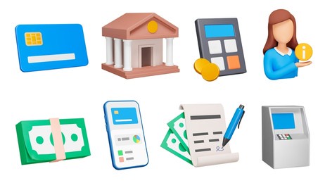 banking 3d icon set. credit cards, borrowing and receiving money. online money. money transactions. financing. isolated icons, objects on a transparent background