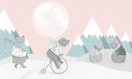 cute bear wallpaper, illustration for children, mountin, moon, wall wallpapers for kids