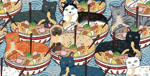 seamless pattern of cats inside ramen noodle bowls, cute japanese themed pattern of cats and food