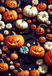 composition of pumpkins for halloween, lying on a blue surface. pumpkins with carved faces, white and orange pumpkins