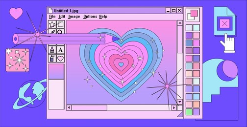 retro user interface with graphic editor window box and icons. y2k style collage in pastel pink, blue and violet colors.