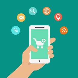 smartphone apps infographics with a hand holding a phone with circular icons for shopping cloud computing mail wifi  search and route finder or maps