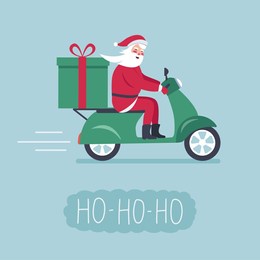 online fast christmas gift delivery by motor scooter. santa claus riding a scooter with a delivery gift box. greeting card design. vector illustration