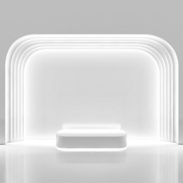 arch white platform podium fluorescent light clean cool bright laboratory. futuristic glow light bright gleam linear product display stand. pedestal for beauty cosmetic or skin care. 3d illustration.