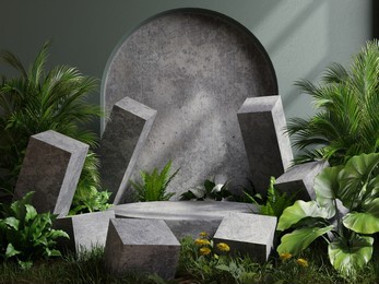 concrete podium in tropical forest for product presentation behind is a view of the green wall. 3d rendering