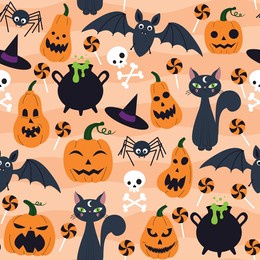 halloween pattern with different pumpkins, cat, bat, skull. pattern for fabric, packaging, wallpaper.
