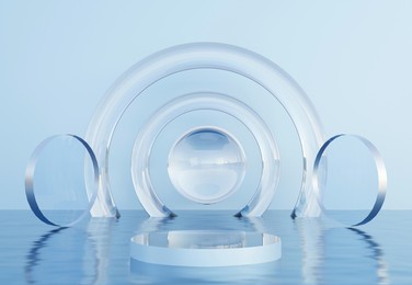 transparent cylinder podium with decorative objects in blue background. stand to show products. stage showcase with copy space. pedestal display. banner size. website cover template. 3d rendering.
