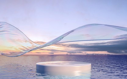 3d render podium on water with glass wall. minimal landscape mockup for product showcase banner, social media banners, promotion, cosmetic product show.