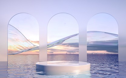 3d render podium on water with glass wall. minimal landscape mockup for product showcase banner, social media banners, promotion, cosmetic product show.