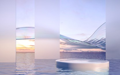 3d render podium on water with glass wall. minimal landscape mockup for product showcase banner, social media banners, promotion, cosmetic product show.