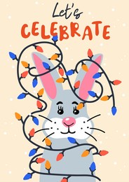 let's celebrate. holiday card with cute cartoon rabbit and slogan. bunny with christmas garland on snowfall background. hand drawn vector illustration