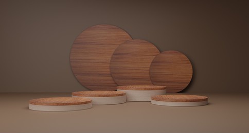 wooden display stand for displaying products, cosmetics, jewelry, display items, 3d rendering.