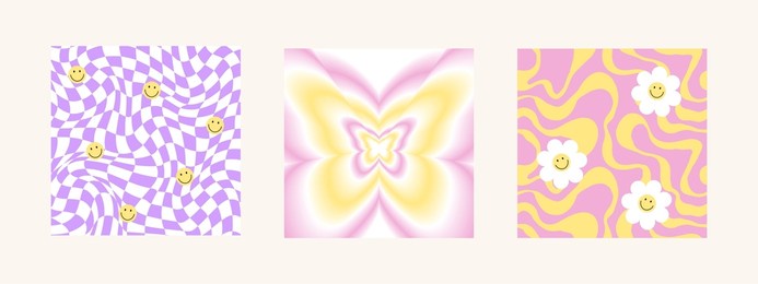 y2k cool groovy backgrounds. retro pop 70s cute hippie backdrop. seventies psychedelic pattern wallpaper. vector illustration in groovy trendy yellow, pink, violet colors