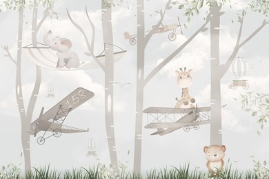 cute animals in the sky, kids room wallpaper design - 3d illustration