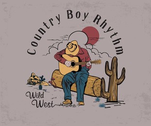 cowboy boy playing guitar illustration with western vintage typography