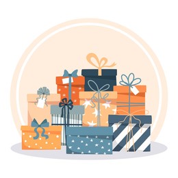 pile of multi-colored gift boxes. beautiful gift boxes with a bow. christmas gift box. isolated illustration in flat style. ideal for greeting cards, banners, fabric printing.