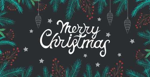 merry christmas calligraphy lettering isolated on dark web background with holiday elements - vector illustration