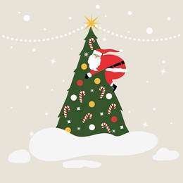 santa claus climbing a christmas-tree. merry christmas greeting card, banner, poster. vector illustration