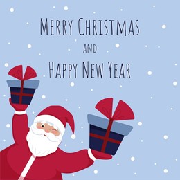santa claus gives gifts greeting card, merry christmas and new year. vector illustration in flat cartoon style.
