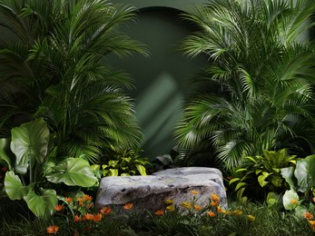 stone platform in tropical  green forest for product presentation. 3d rendering