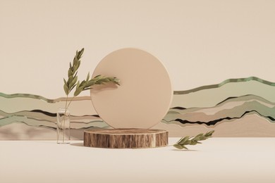 3d render wooden podium with glass wall, tropical leaves of plants, showcase with shadows on pastel background  stage showcase on pedestal display beige studio, exhibitions, cosmetic of products
