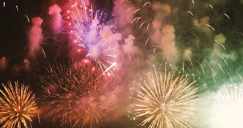 purple firework celebrate anniversary happy new year 2023, 4th of july holiday festival. purple firework in night time celebrate national holiday. violet firework countdown to new year 2023 festival