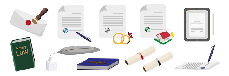 set of colorful legal documents in cartoon style. vector illustration of documents for the right of power, marriage certificate, papers for notary, laws on white background.