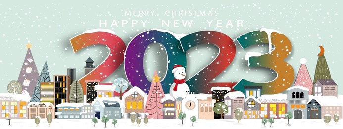 vector 2023 happy new year and merry christmas with winter city landscape on green sky background. winter wonderland in the town with snow falling on new year eve,design banner for greeting card
