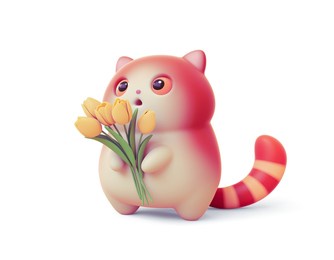kawaii cute fat red cat with open mouth, orange eyes, striped tail holding bouquet of yellow tulips in its paws congratulates you on march 8. hello spring holiday. 3d render isolated on white backdrop